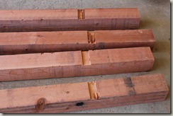 Slots in the legs for cross pieces, crosscut roughly with table saw