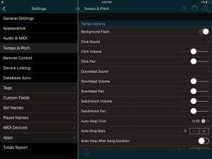 Tempo & Pitch Settings in Set List Maker